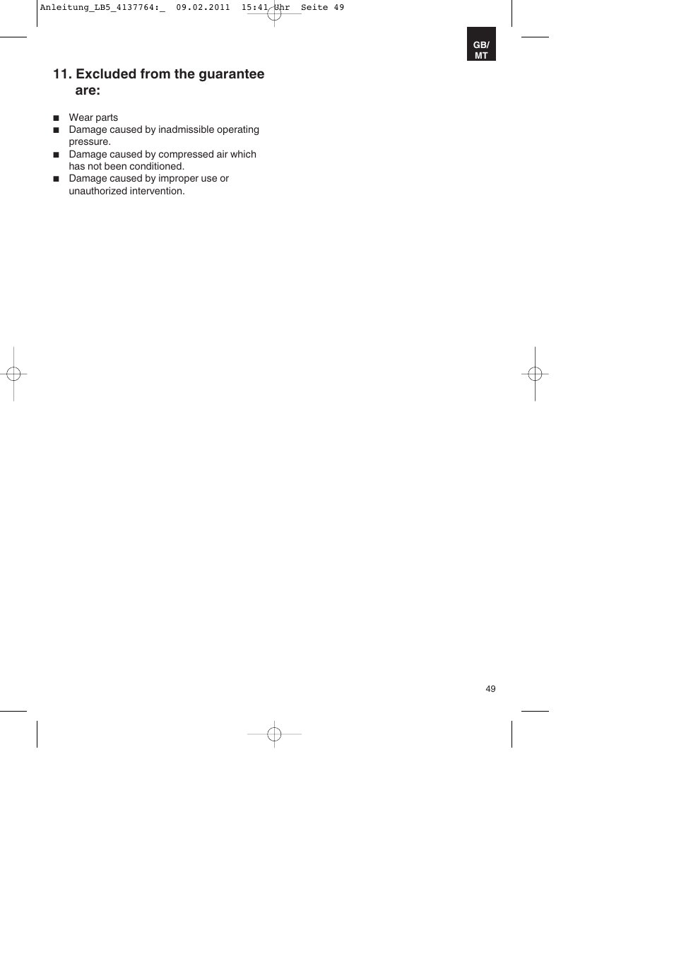 Excluded from the guarantee are | Parkside PDT 40 A1 User Manual | Page 49 / 68