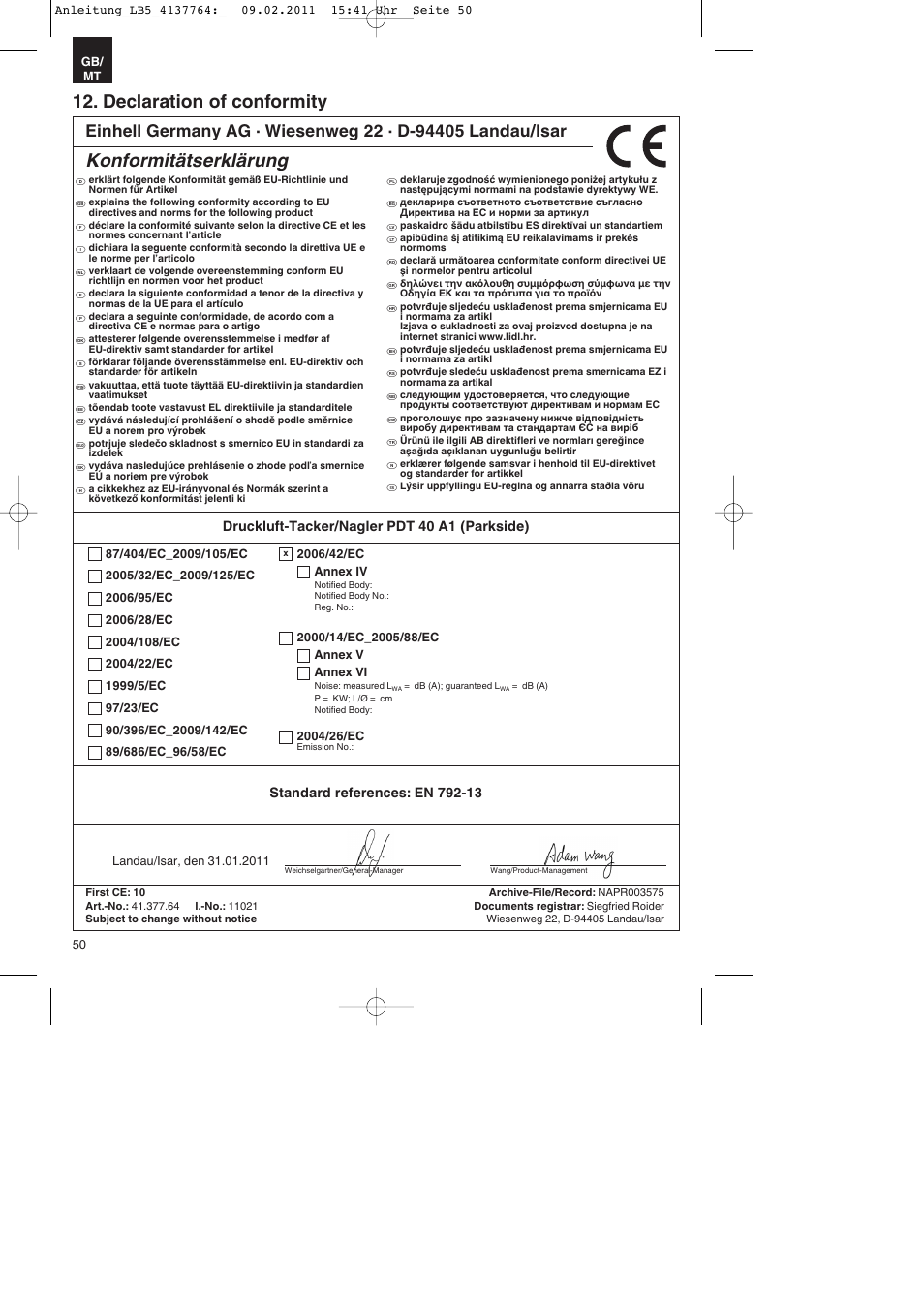 Declaration of conformity, Konformitätserklärung | Parkside PDT 40 A1 User Manual | Page 50 / 68