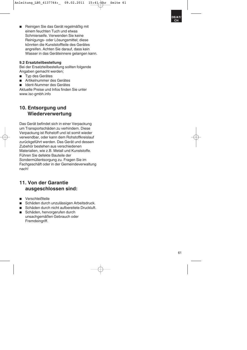 Entsorgung und wiederverwertung, Von der garantie ausgeschlossen sind | Parkside PDT 40 A1 User Manual | Page 61 / 68