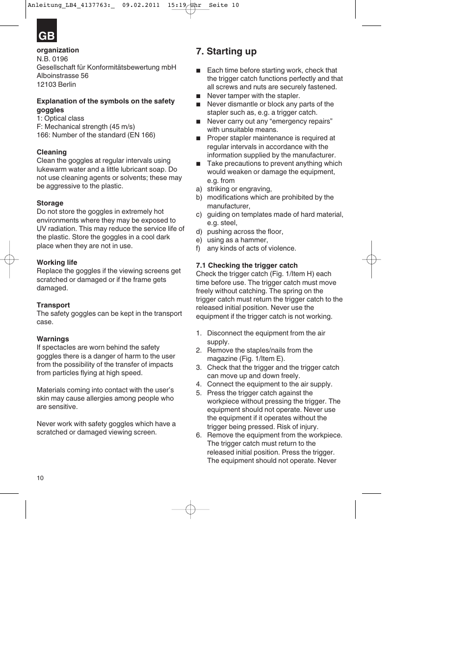 Starting up | Parkside PDT 40 A1 User Manual | Page 10 / 92