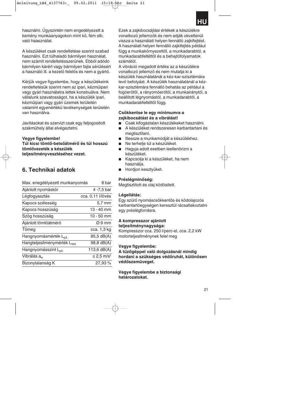 Technikai adatok | Parkside PDT 40 A1 User Manual | Page 21 / 92