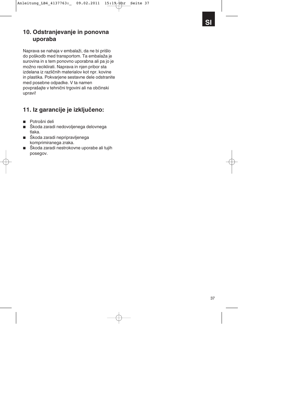 Odstranjevanje in ponovna uporaba, Iz garancije je izključeno | Parkside PDT 40 A1 User Manual | Page 37 / 92