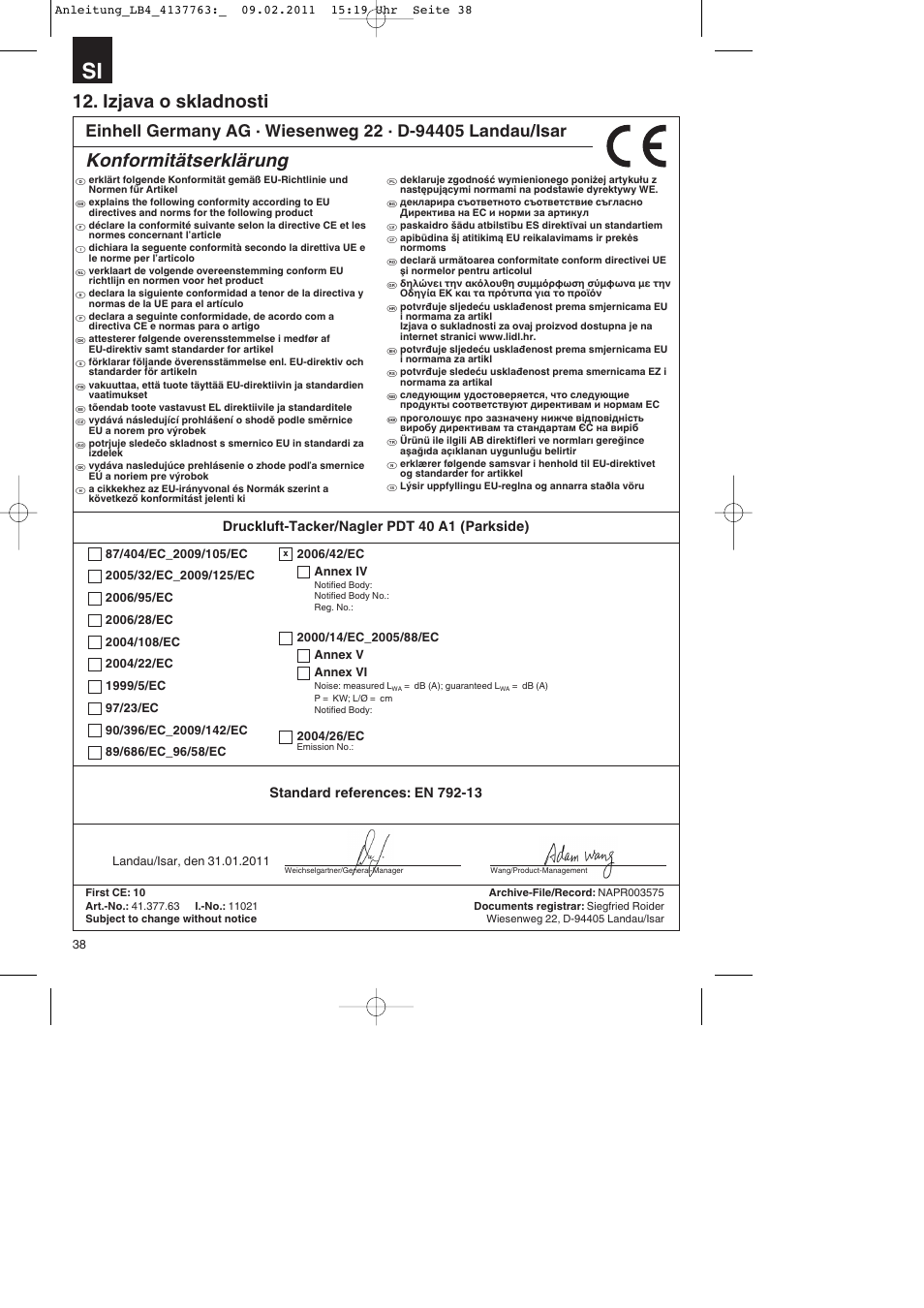 Izjava o skladnosti, Konformitätserklärung | Parkside PDT 40 A1 User Manual | Page 38 / 92