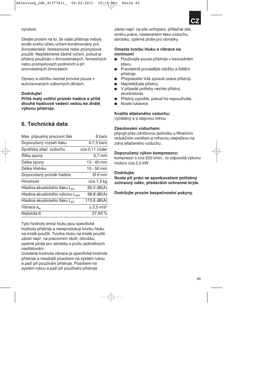 Technická data | Parkside PDT 40 A1 User Manual | Page 45 / 92