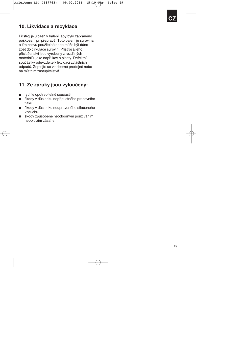 Likvidace a recyklace, Ze záruky jsou vyloučeny | Parkside PDT 40 A1 User Manual | Page 49 / 92