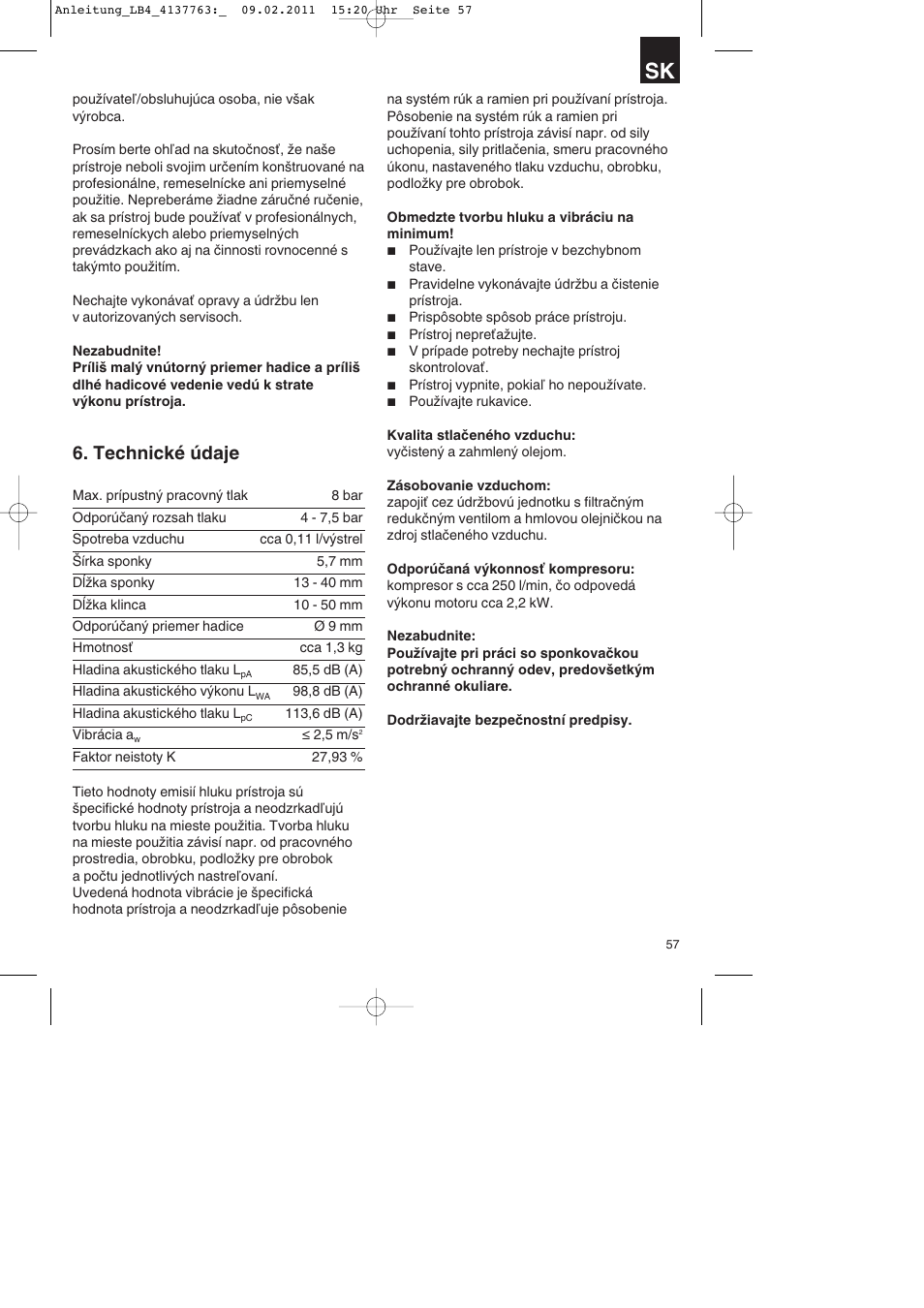 Technické údaje | Parkside PDT 40 A1 User Manual | Page 57 / 92