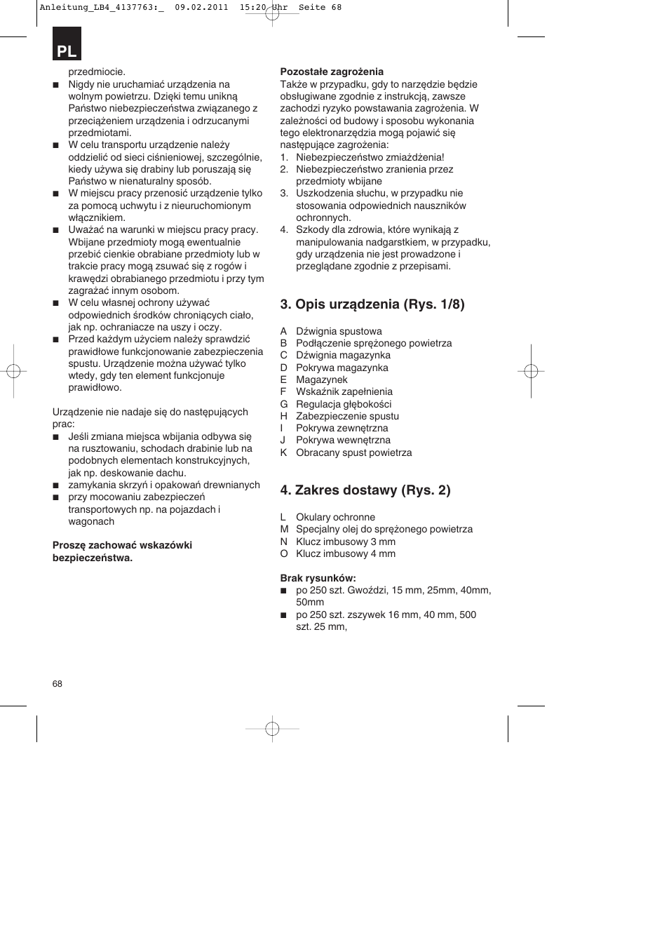 Opis urządzenia (rys. 1/8), Zakres dostawy (rys. 2) | Parkside PDT 40 A1 User Manual | Page 68 / 92