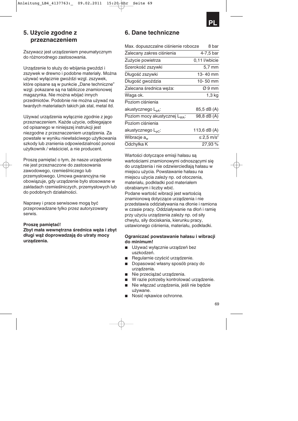 Użycie zgodne z przeznaczeniem, Dane techniczne | Parkside PDT 40 A1 User Manual | Page 69 / 92