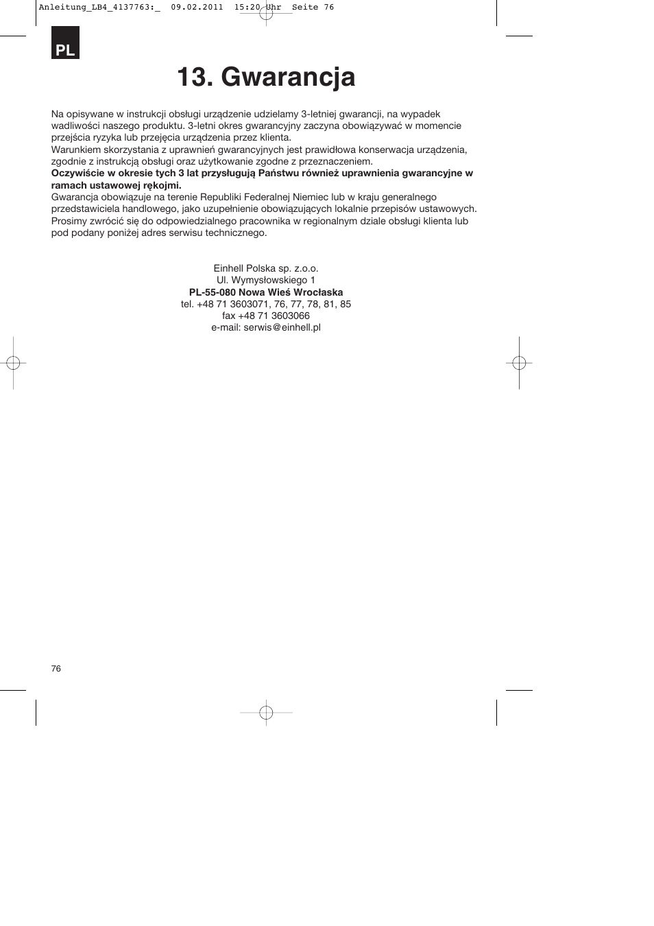 Gwarancja | Parkside PDT 40 A1 User Manual | Page 76 / 92