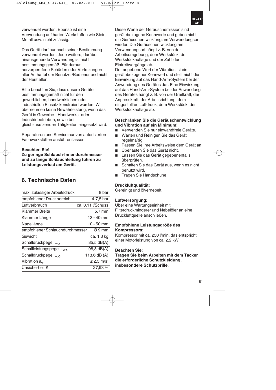 Technische daten | Parkside PDT 40 A1 User Manual | Page 81 / 92