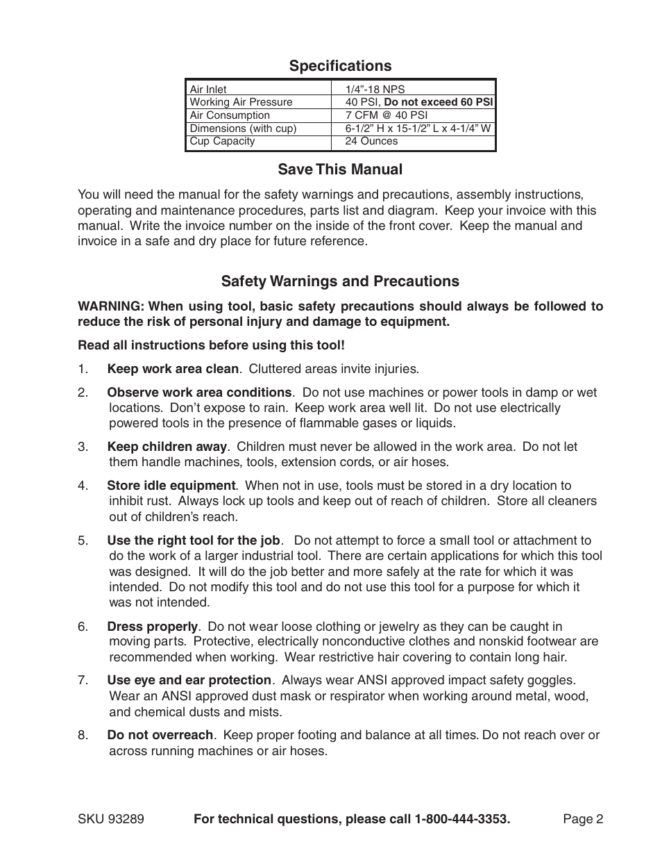 Specifications save this manual, Safety warnings and precautions | Harbor Freight Tools Model 93289 User Manual | Page 2 / 7