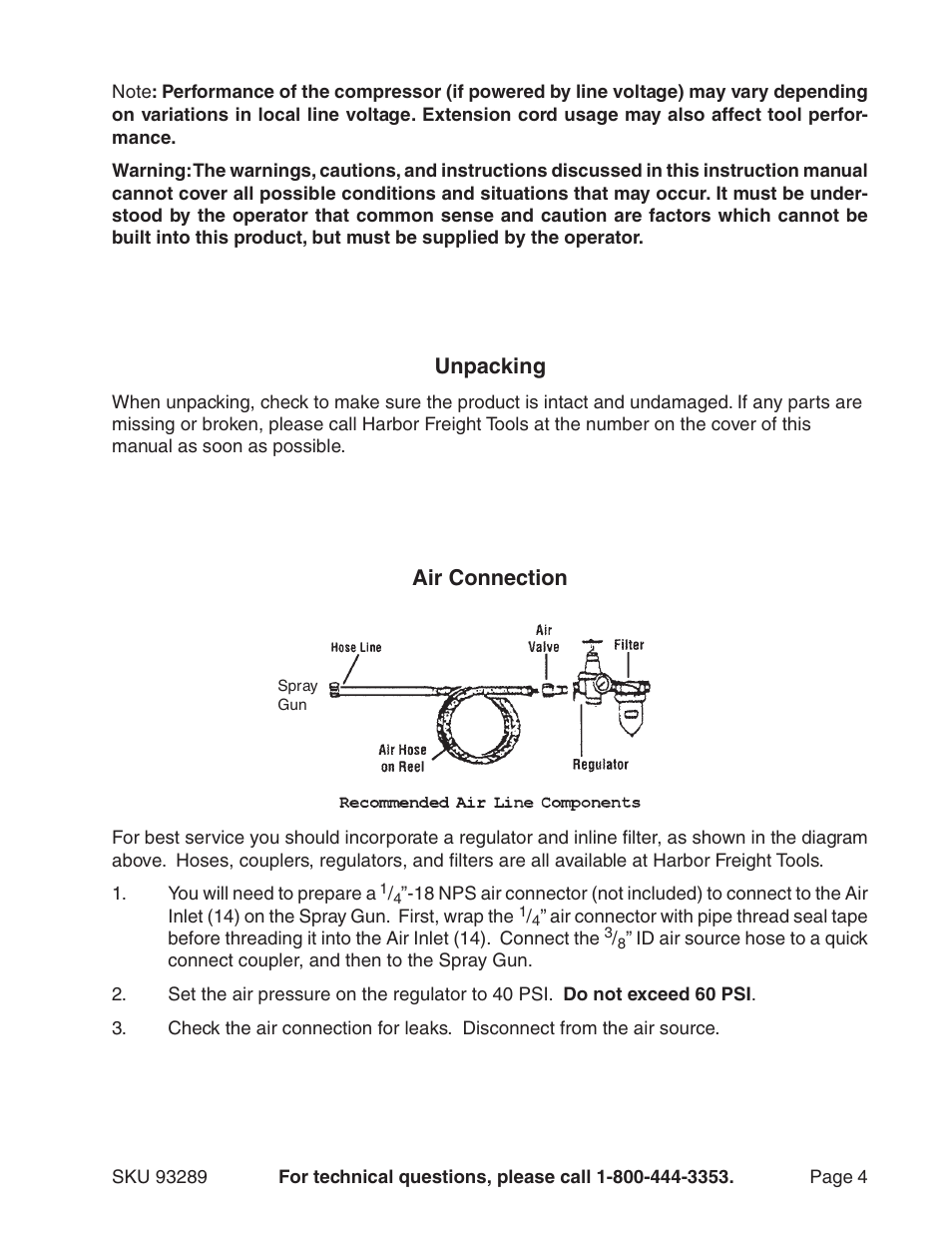 Air connection, Unpacking | Harbor Freight Tools Model 93289 User Manual | Page 4 / 7