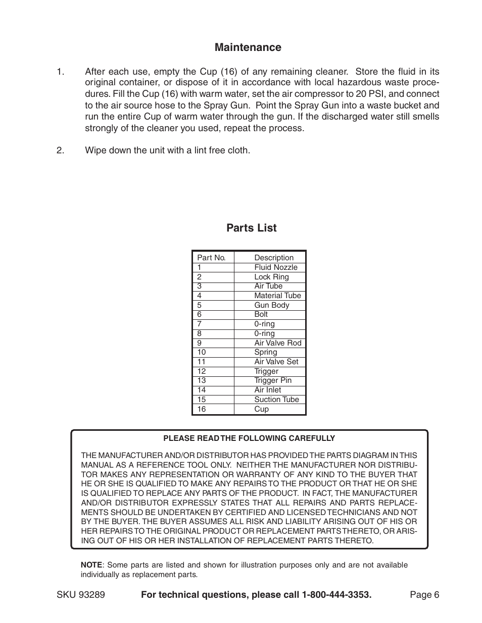 Parts list, Maintenance | Harbor Freight Tools Model 93289 User Manual | Page 6 / 7