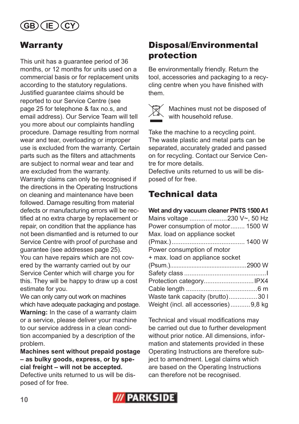 Warranty, Disposal/environmental protection, Technical data | Gb ie cy | Parkside PNTS 1500 A1 User Manual | Page 10 / 26