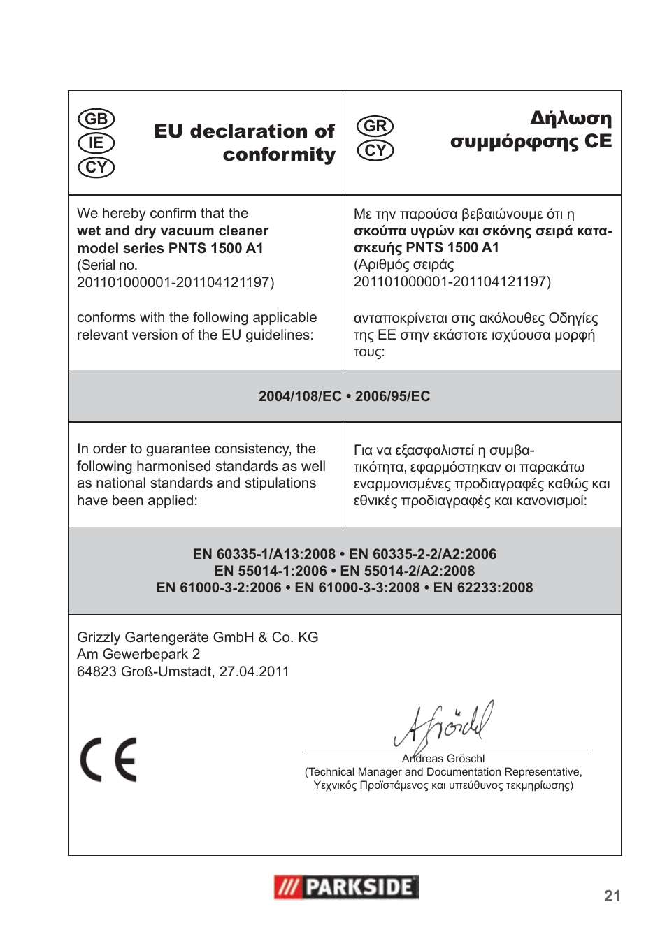 Eu declaration of conformity δήλωση συμμόρφσης ce | Parkside PNTS 1500 A1 User Manual | Page 21 / 26