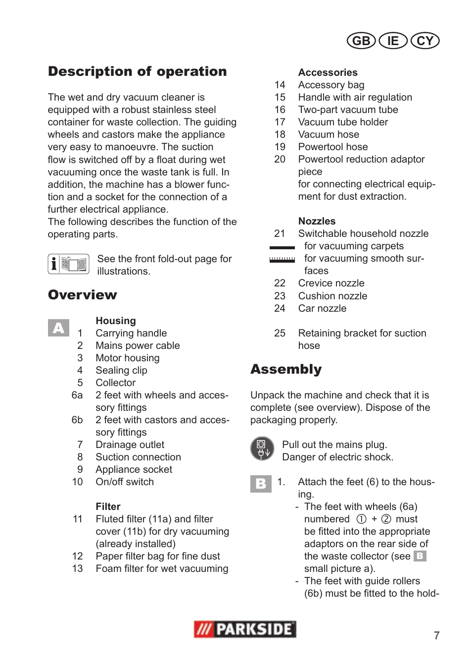 Description of operation, Overview, Assembly | Ie cy gb | Parkside PNTS 1500 A1 User Manual | Page 7 / 26