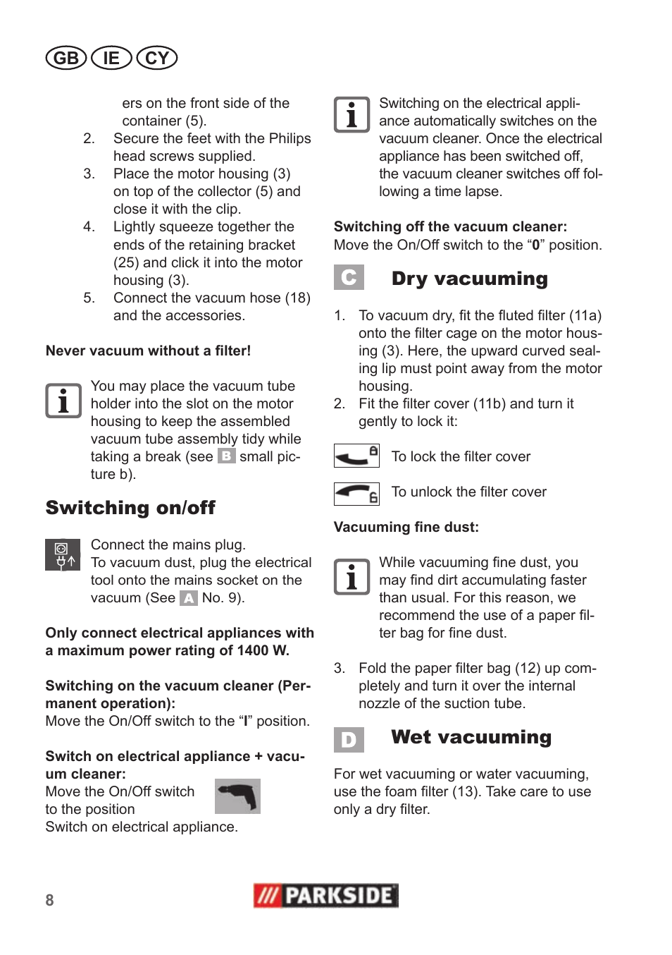 Switching on/off, Dry vacuuming, Wet vacuuming | Gb ie cy | Parkside PNTS 1500 A1 User Manual | Page 8 / 26