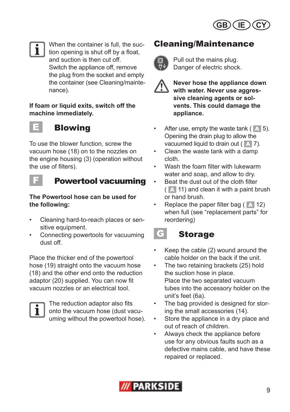 Blowing, Powertool vacuuming, Cleaning/maintenance | Storage | Parkside PNTS 1500 A1 User Manual | Page 9 / 26