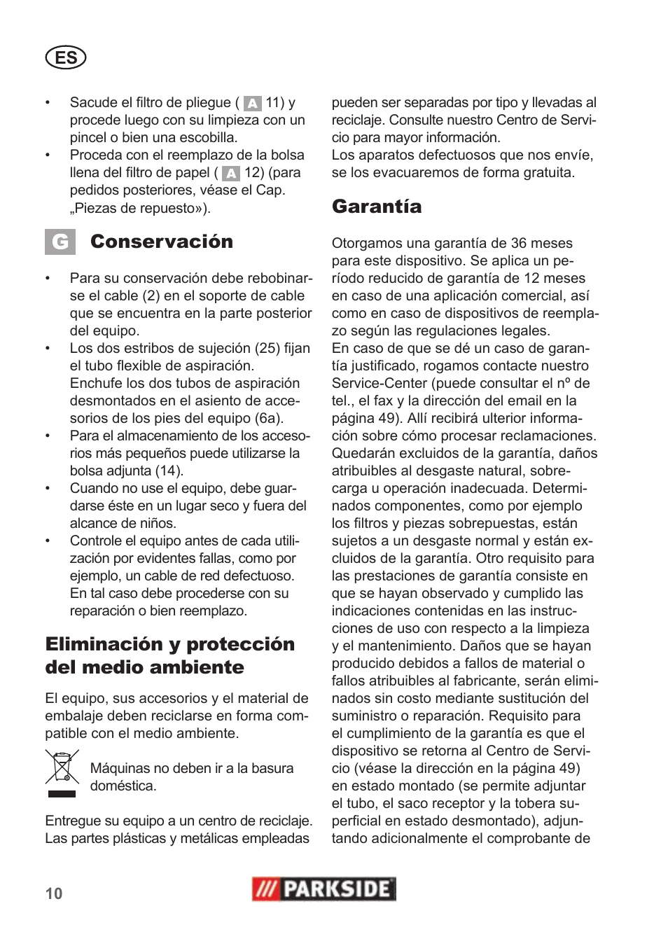 Conservación, Eliminación y protección del medio ambiente, Garantía | Parkside PNTS 1500 A1 User Manual | Page 10 / 50