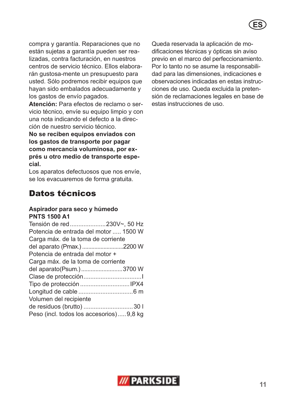 Datos técnicos | Parkside PNTS 1500 A1 User Manual | Page 11 / 50