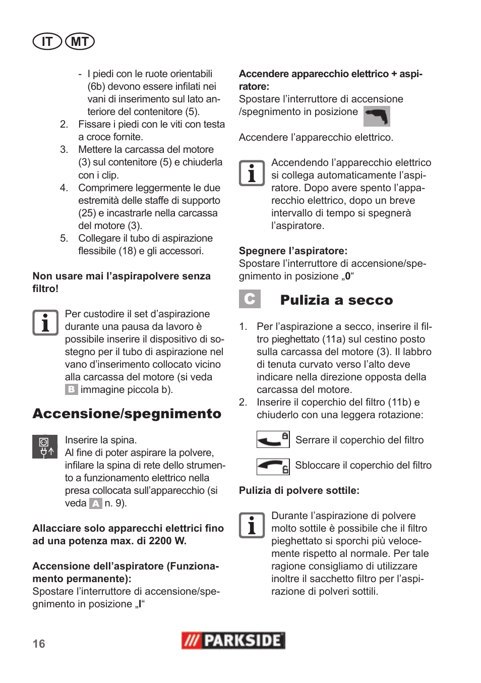 Accensione/spegnimento, Pulizia a secco, It mt | Parkside PNTS 1500 A1 User Manual | Page 16 / 50