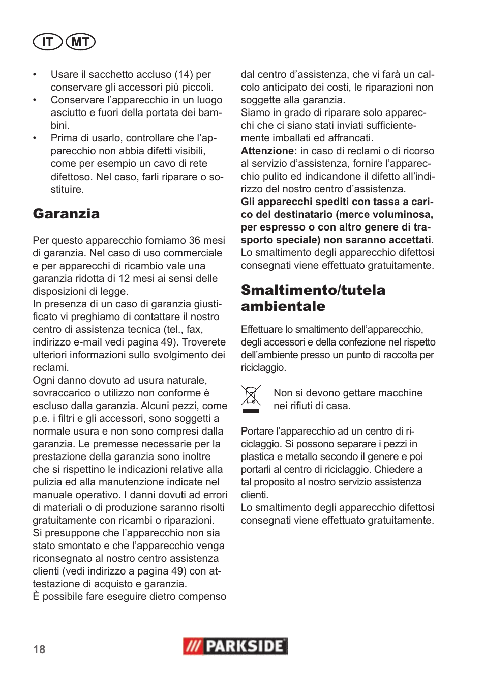 Garanzia, Smaltimento/tutela ambientale, It mt | Parkside PNTS 1500 A1 User Manual | Page 18 / 50