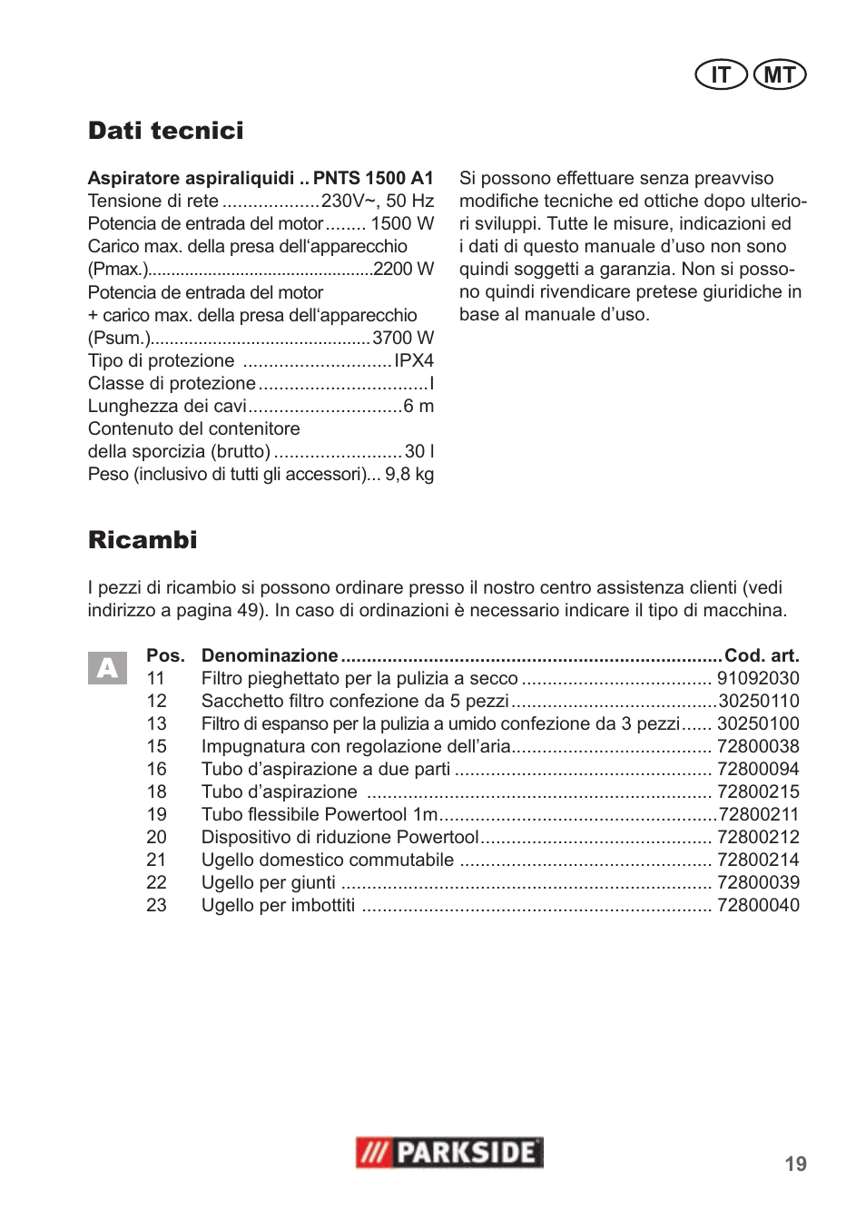 Dati tecnici, Ricambi, It mt | Parkside PNTS 1500 A1 User Manual | Page 19 / 50