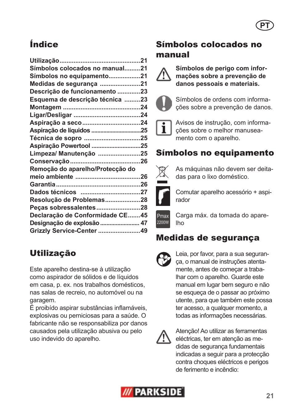 Índice, Utilização, Símbolos colocados no manual | Símbolos no equipamento, Medidas de segurança | Parkside PNTS 1500 A1 User Manual | Page 21 / 50