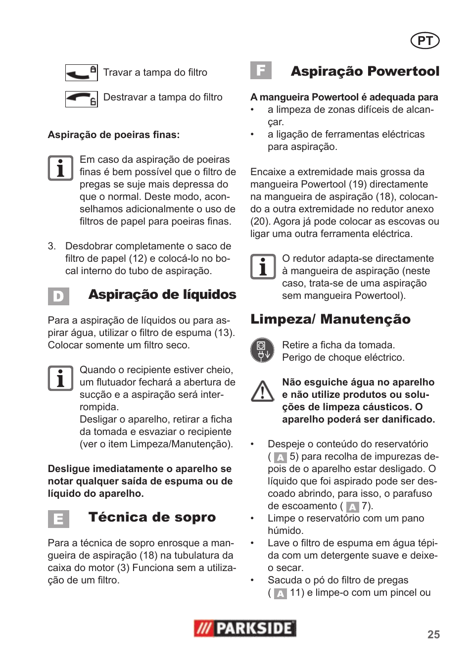 Aspiração de líquidos, Técnica de sopro, Aspiração powertool | Limpeza/ manutenção | Parkside PNTS 1500 A1 User Manual | Page 25 / 50