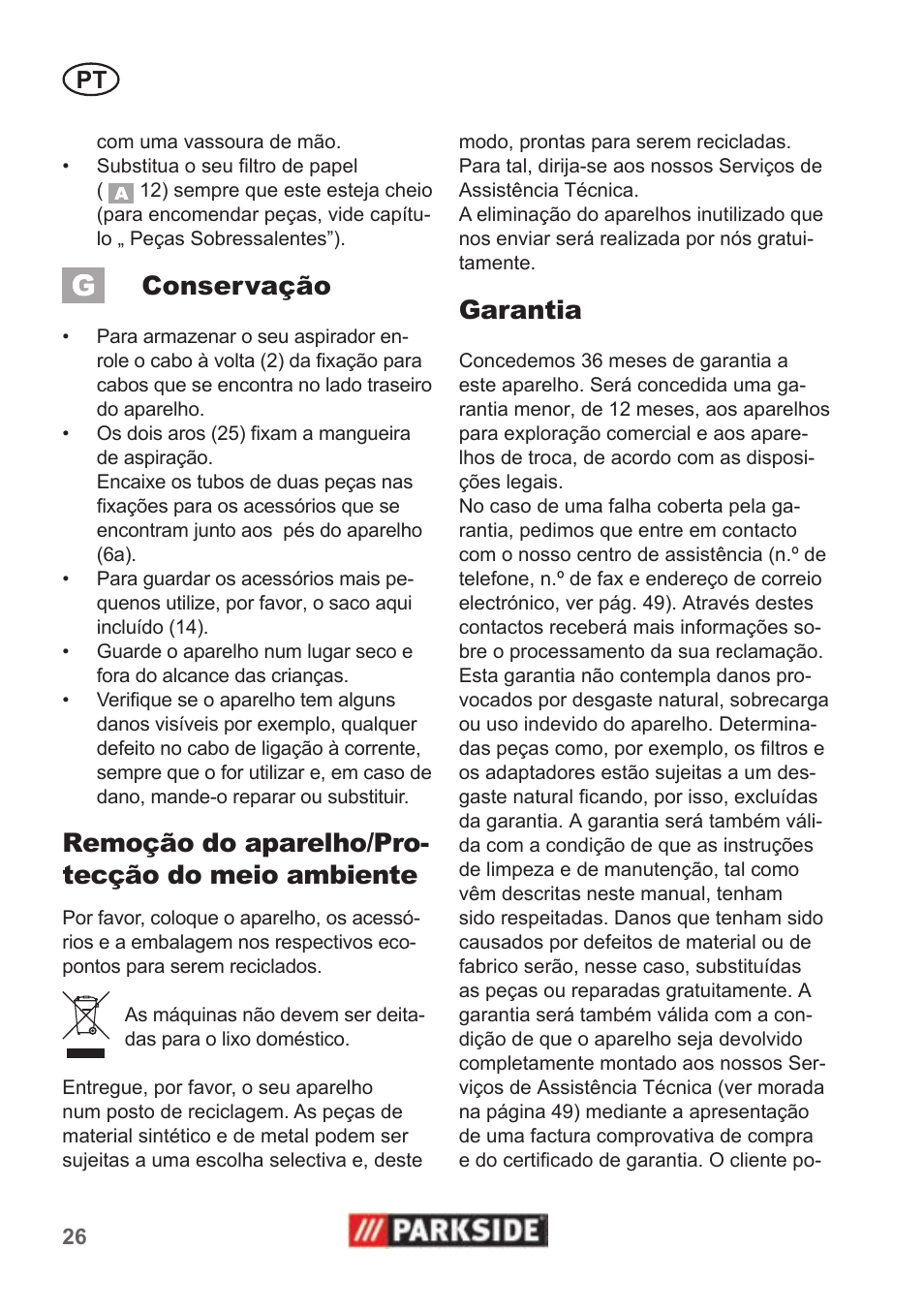 Conservação, Remoção do aparelho/pro- tecção do meio ambiente, Garantia | Parkside PNTS 1500 A1 User Manual | Page 26 / 50