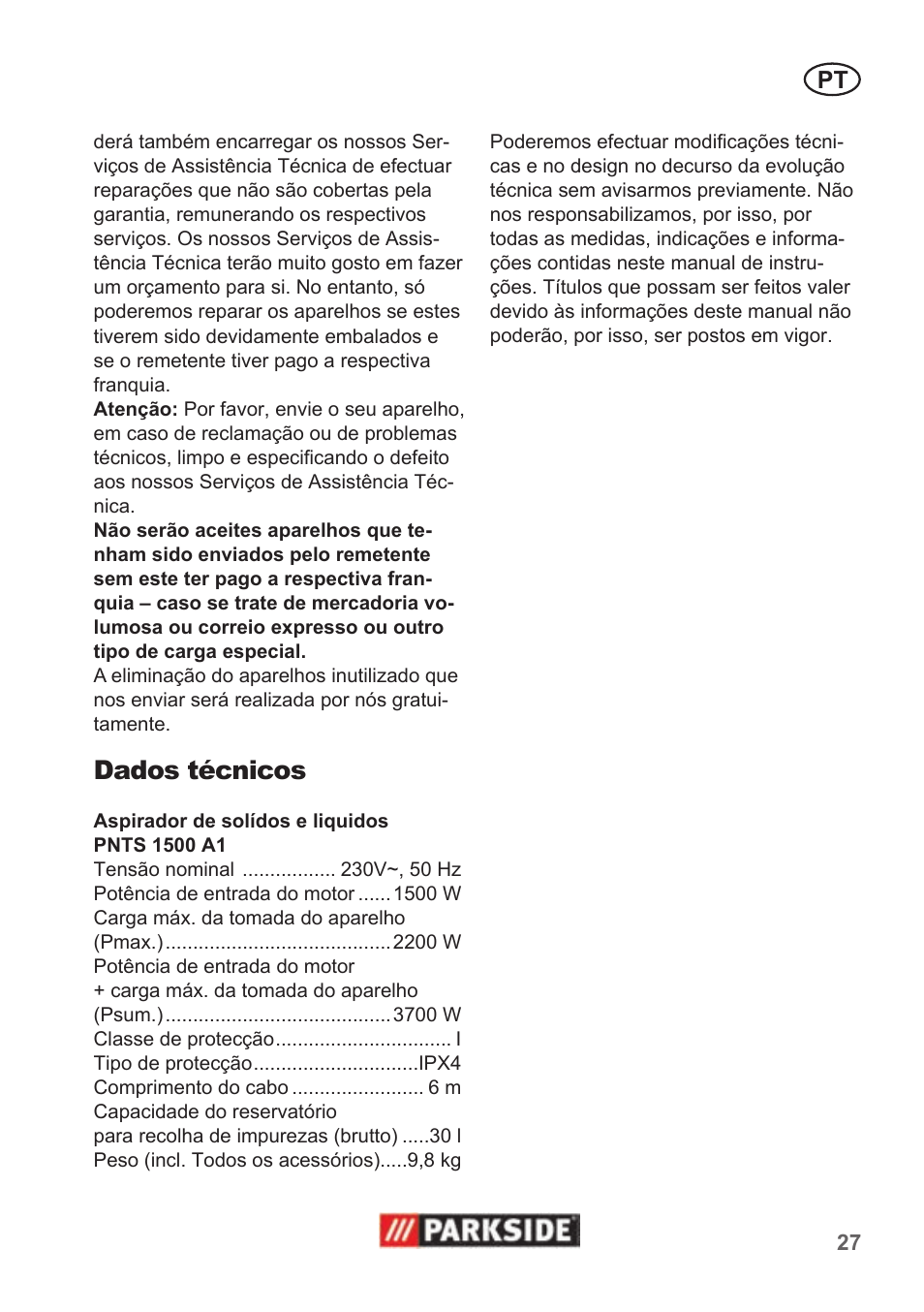 Dados técnicos | Parkside PNTS 1500 A1 User Manual | Page 27 / 50