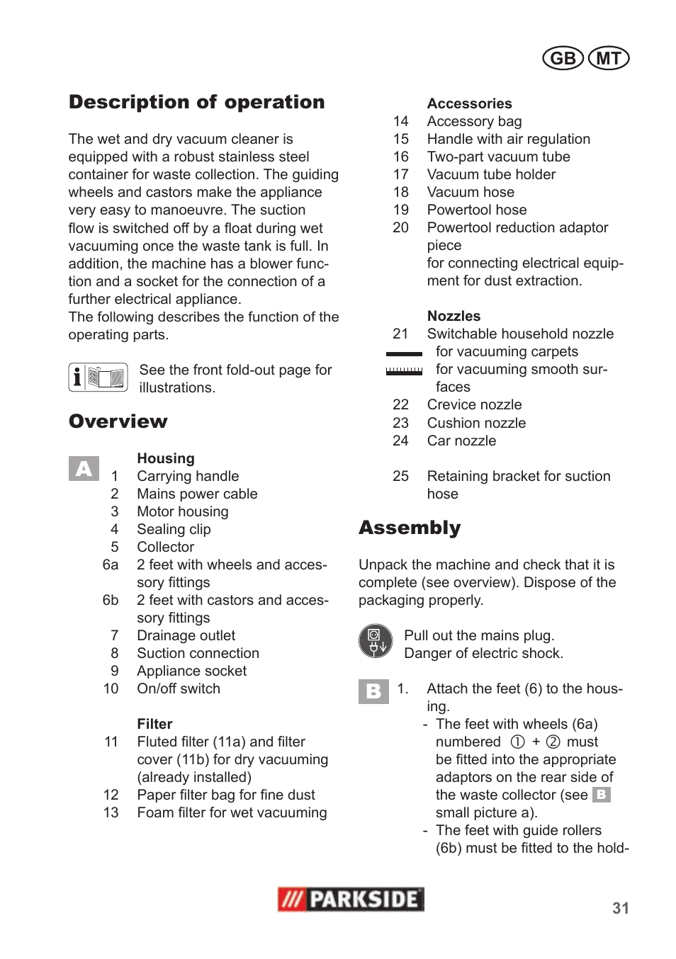 Description of operation, Overview, Assembly | Gb mt | Parkside PNTS 1500 A1 User Manual | Page 31 / 50