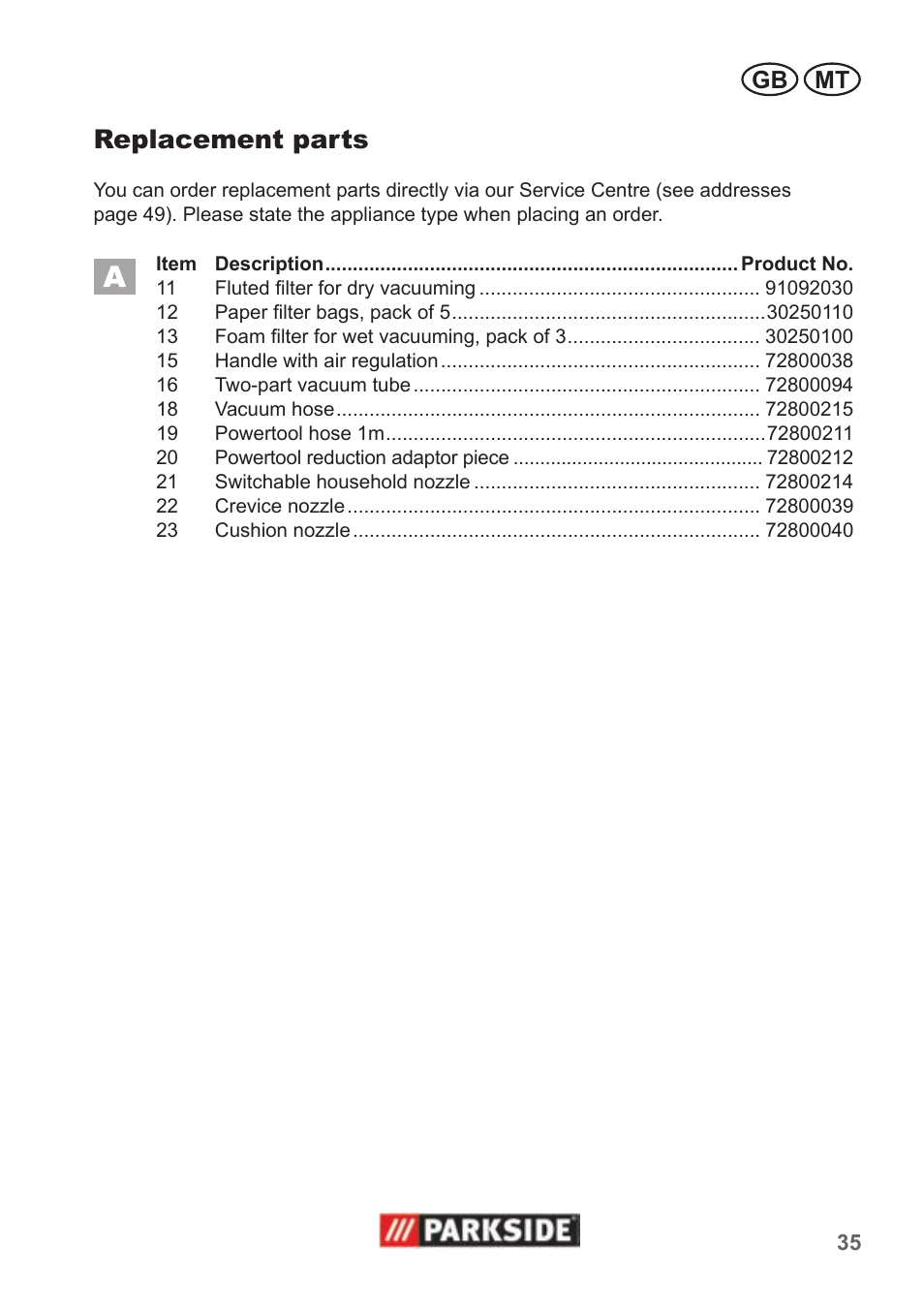 Replacement parts, Gb mt | Parkside PNTS 1500 A1 User Manual | Page 35 / 50