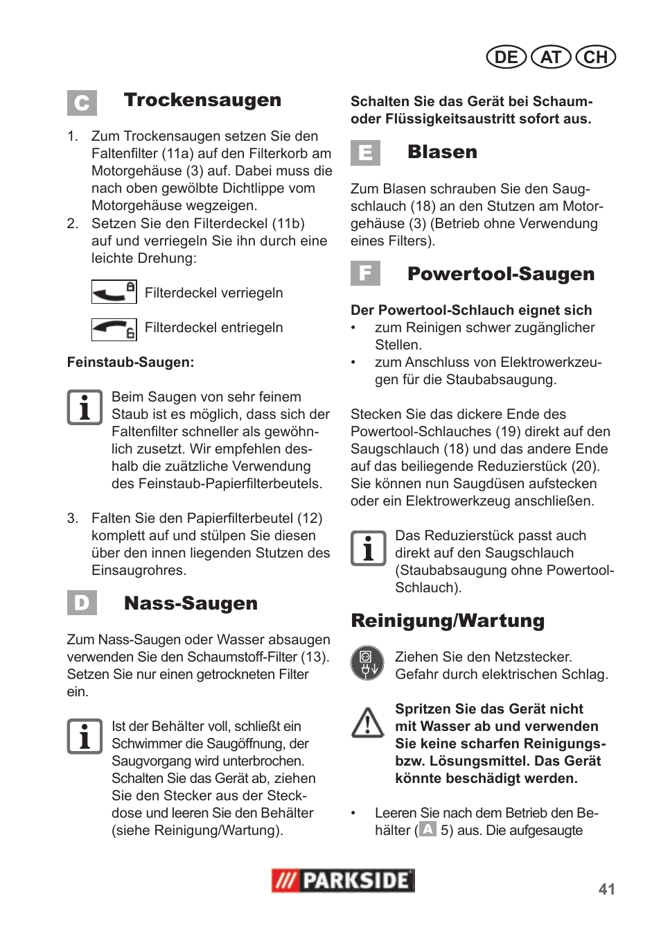 Trockensaugen, Nass-saugen, Blasen | Powertool-saugen, Reinigung/wartung | Parkside PNTS 1500 A1 User Manual | Page 41 / 50