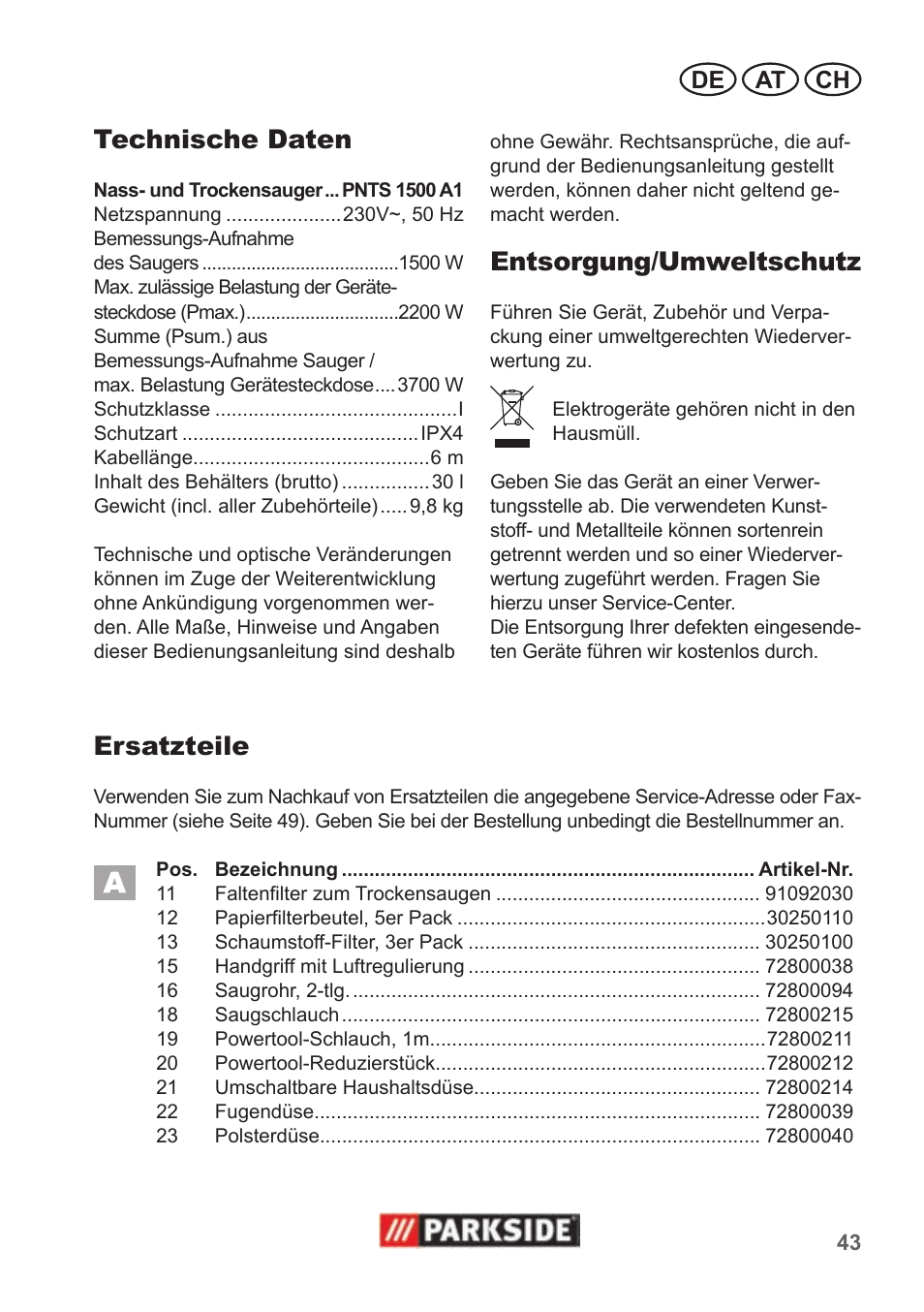 Technische daten, Entsorgung/umweltschutz, Ersatzteile | De at ch | Parkside PNTS 1500 A1 User Manual | Page 43 / 50