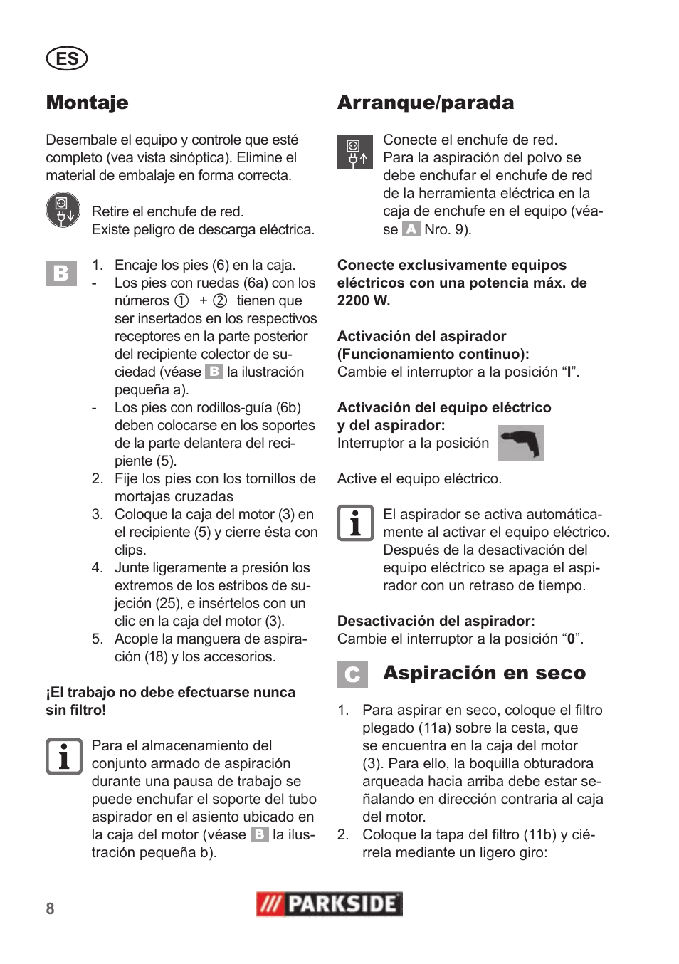 Montaje, Arranque/parada, Aspiración en seco | Parkside PNTS 1500 A1 User Manual | Page 8 / 50