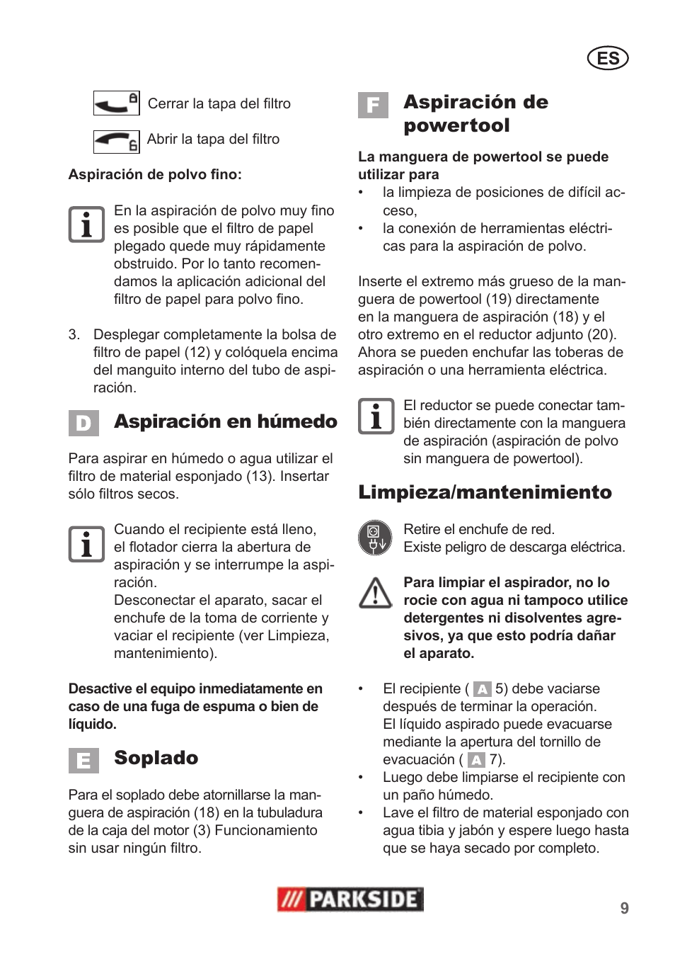 Aspiración en húmedo, Soplado, Aspiración de powertool | Limpieza/mantenimiento | Parkside PNTS 1500 A1 User Manual | Page 9 / 50