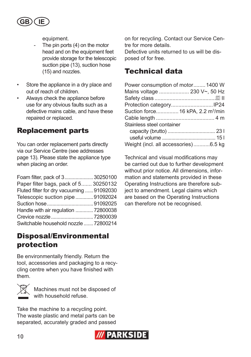 Replacement parts, Disposal/environmental protection, Technical data | Gb ie | Parkside PNTS 1400 A1 User Manual | Page 10 / 14
