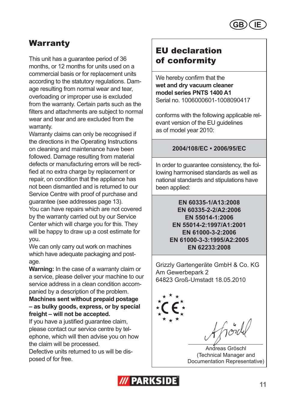 Warranty, Eu declaration of conformity, Gb ie | Parkside PNTS 1400 A1 User Manual | Page 11 / 14