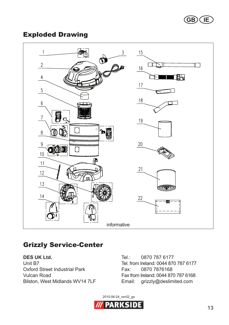Exploded drawing, Grizzly service-center | Parkside PNTS 1400 A1 User Manual | Page 13 / 14
