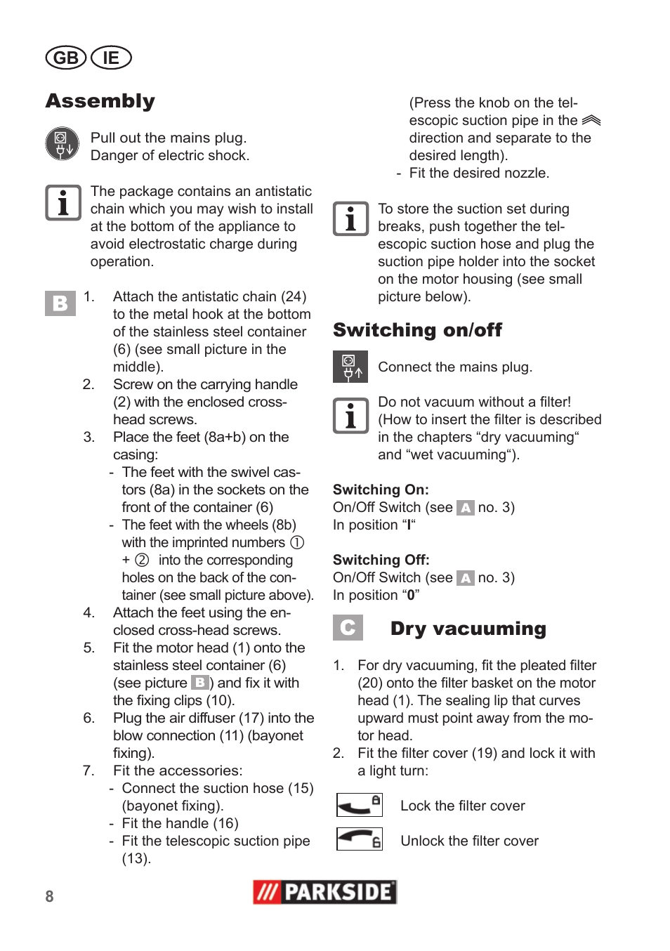Assembly, Switching on/off, Dry vacuuming | Gb ie | Parkside PNTS 1400 A1 User Manual | Page 8 / 14