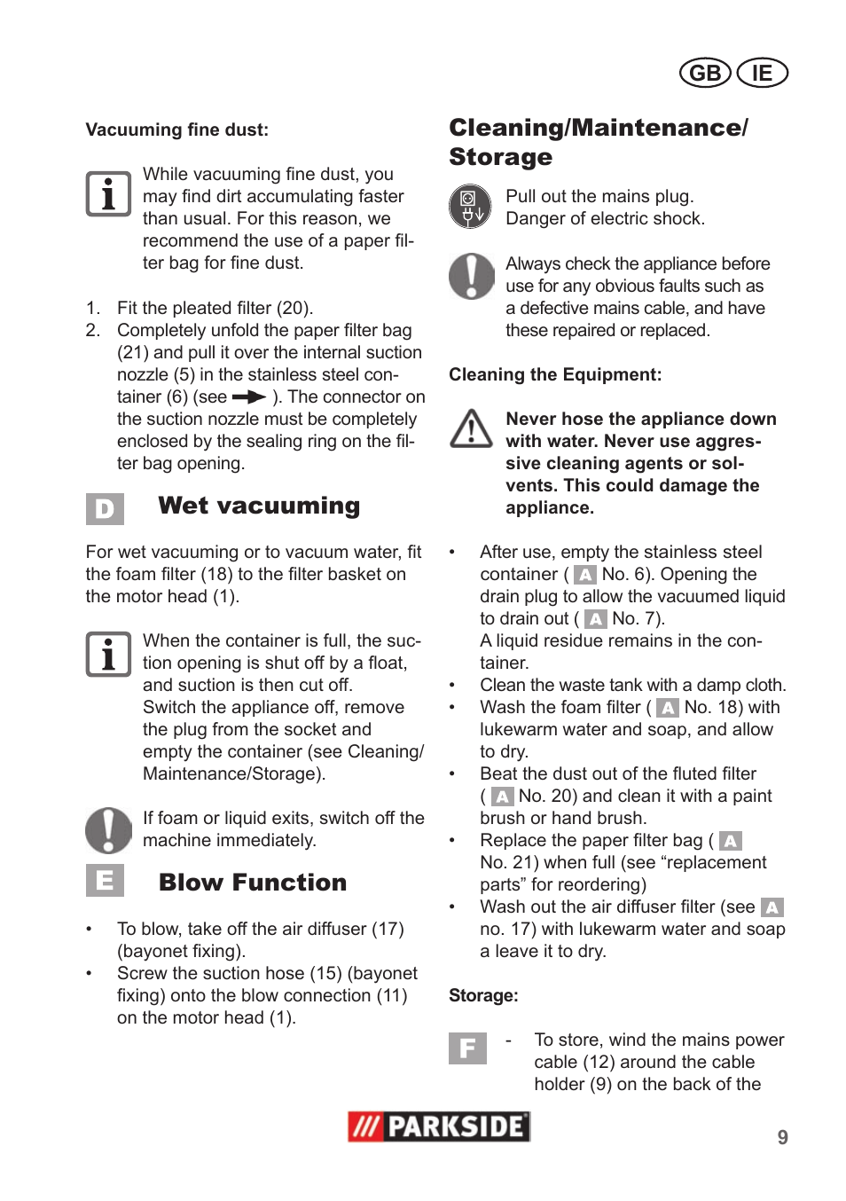 Wet vacuuming, Blow function, Cleaning/maintenance/ storage | Gb ie | Parkside PNTS 1400 A1 User Manual | Page 9 / 14
