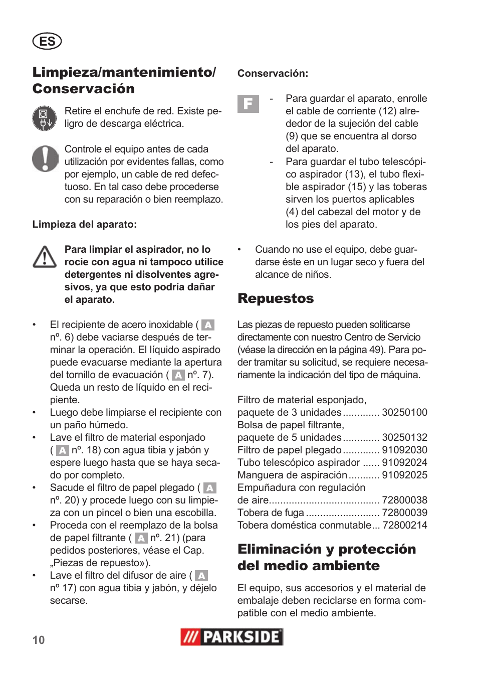 Limpieza/mantenimiento/ conservación, Repuestos, Eliminación y protección del medio ambiente | Parkside PNTS 1400 A1 User Manual | Page 10 / 50