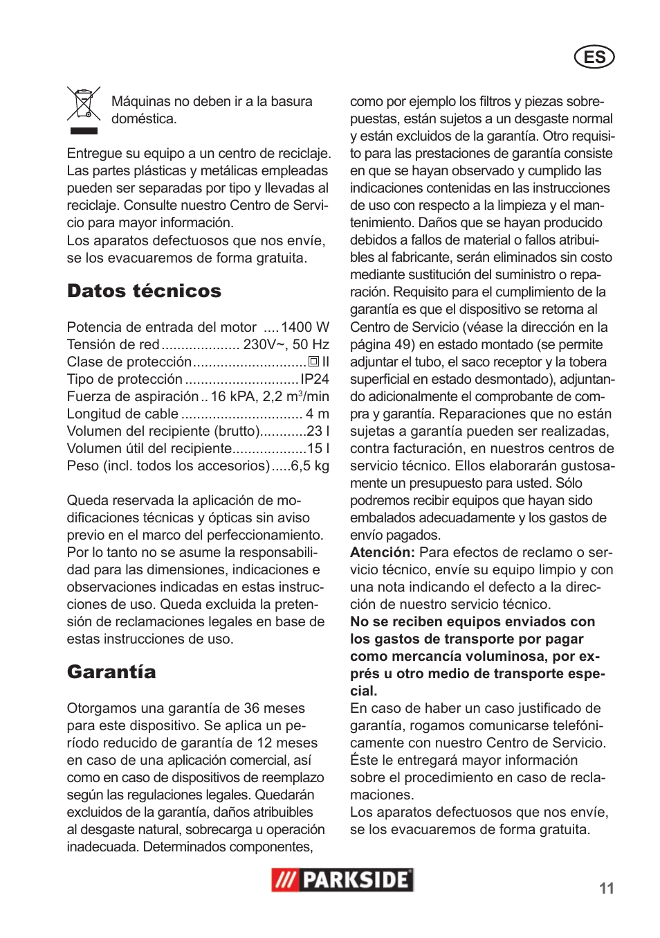 Datos técnicos, Garantía | Parkside PNTS 1400 A1 User Manual | Page 11 / 50