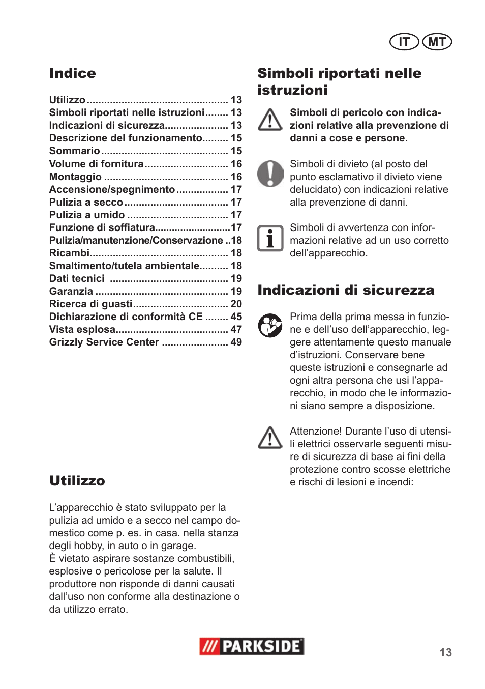 Indice, Utilizzo, Simboli riportati nelle istruzioni | Indicazioni di sicurezza | Parkside PNTS 1400 A1 User Manual | Page 13 / 50