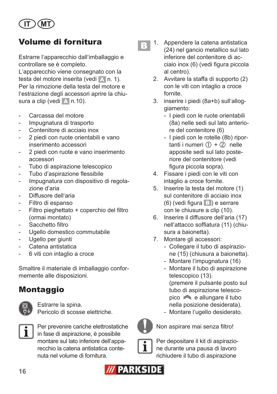 Volume di fornitura, Montaggio, It mt | Parkside PNTS 1400 A1 User Manual | Page 16 / 50