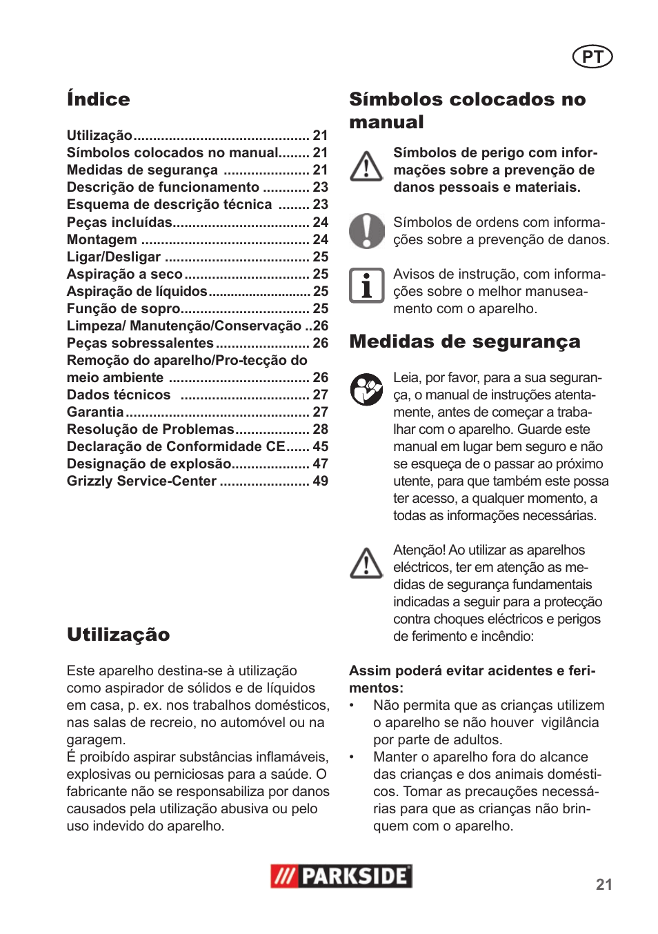 Índice, Utilização, Símbolos colocados no manual | Medidas de segurança | Parkside PNTS 1400 A1 User Manual | Page 21 / 50