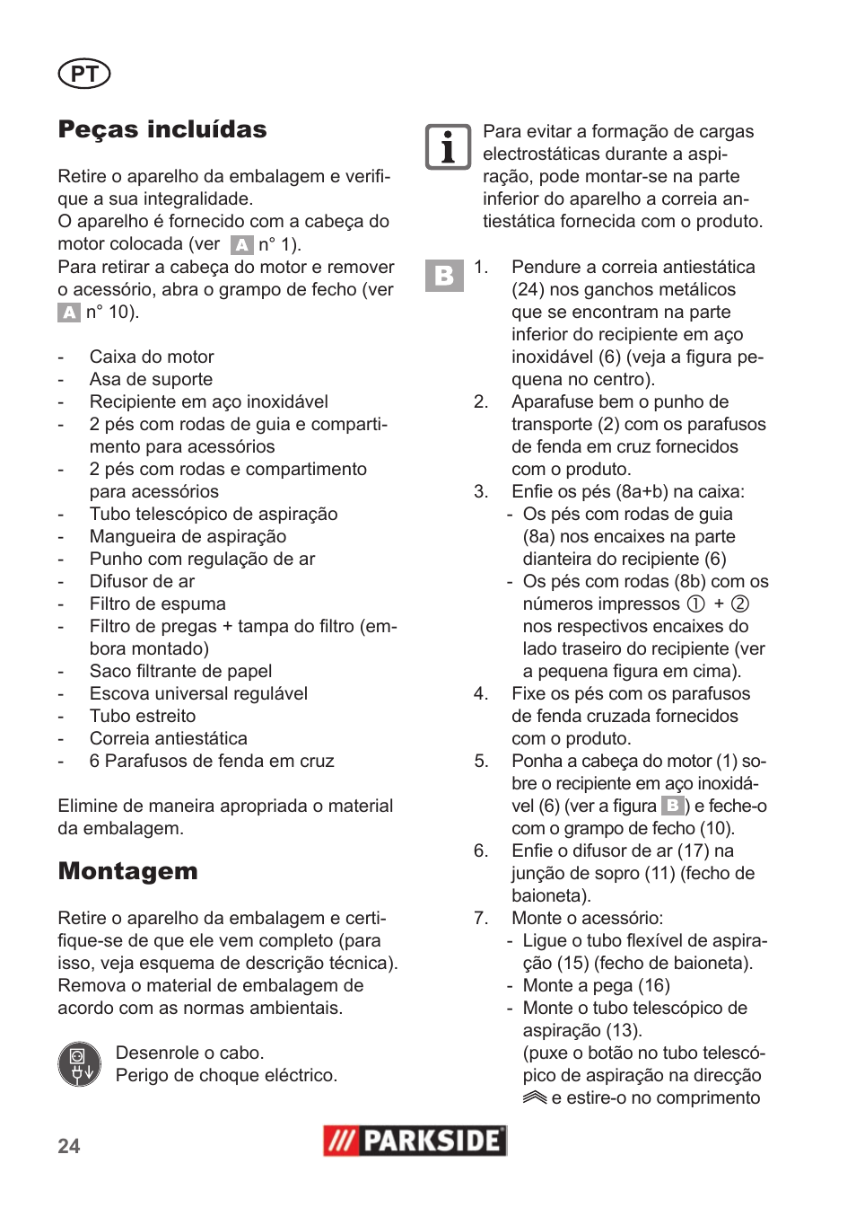 Peças incluídas, Montagem | Parkside PNTS 1400 A1 User Manual | Page 24 / 50