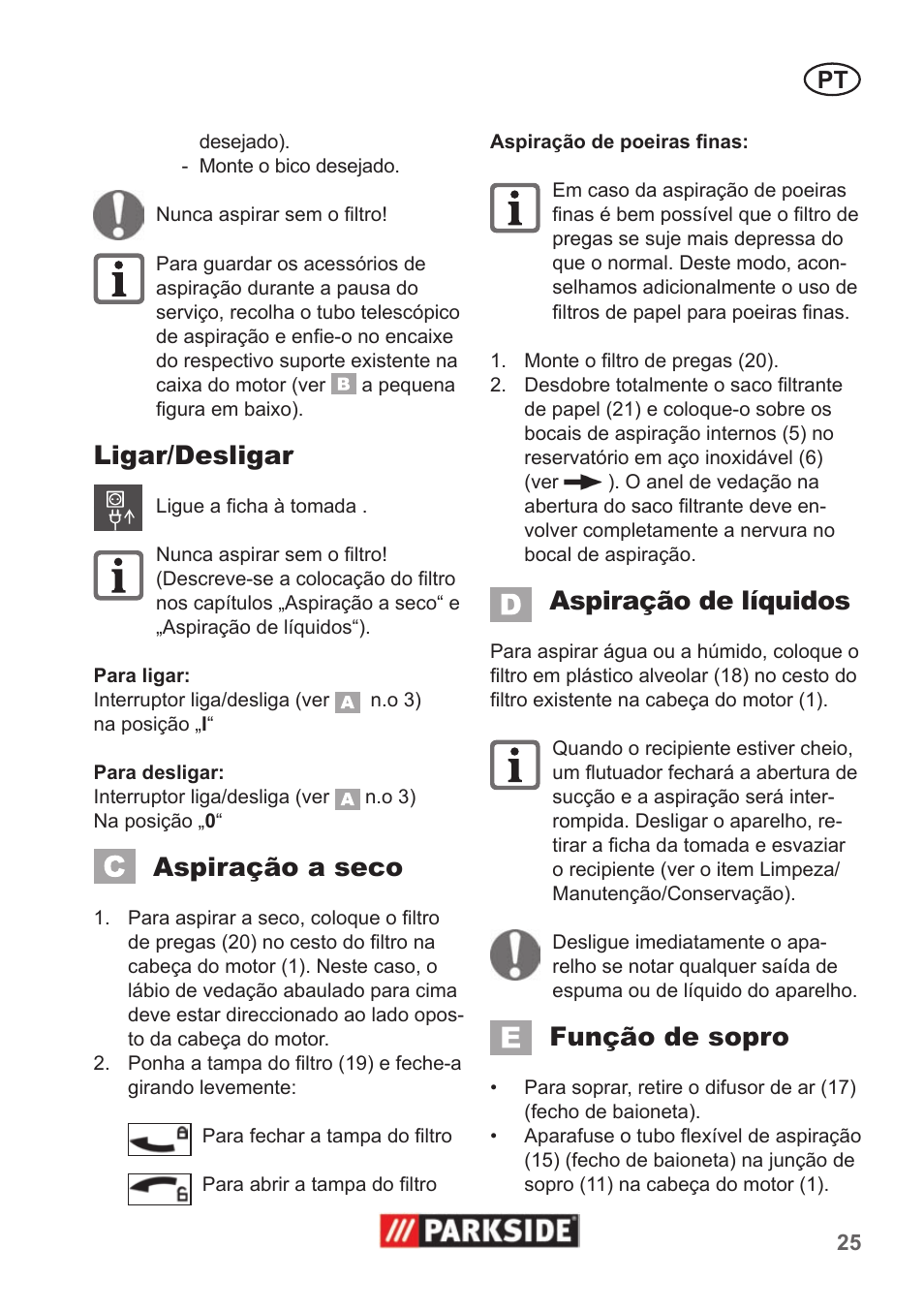 Ligar/desligar, Aspiração a seco, Aspiração de líquidos | Função de sopro | Parkside PNTS 1400 A1 User Manual | Page 25 / 50