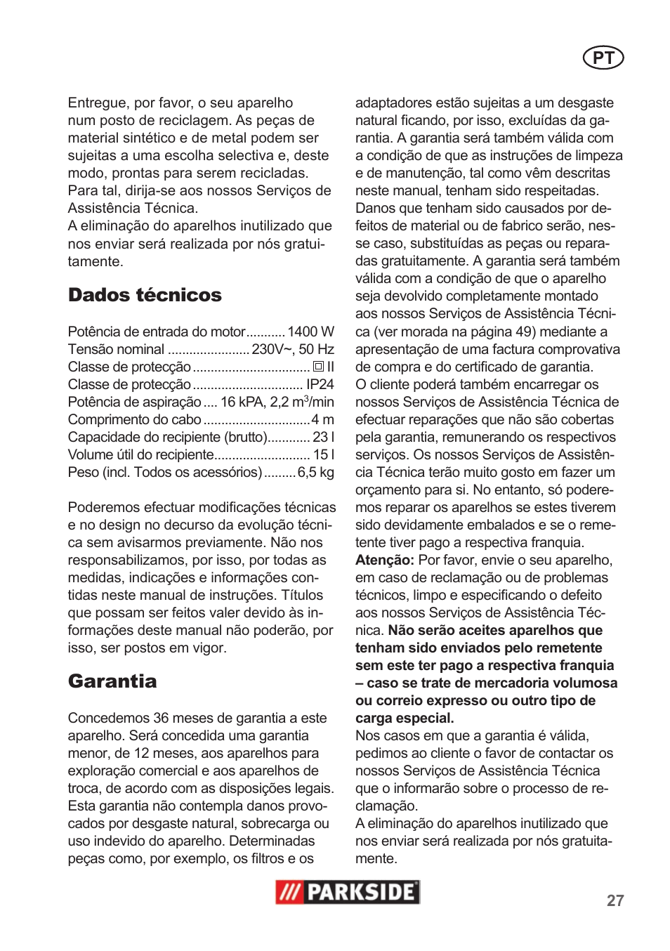 Dados técnicos, Garantia | Parkside PNTS 1400 A1 User Manual | Page 27 / 50